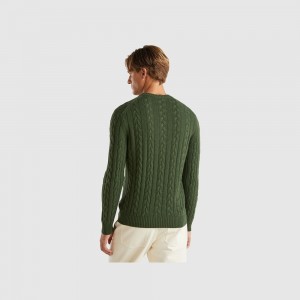 Suéteres Benetton Cable knit cashmere blend Hombre Verdes Oscuro | ESLRQB278
