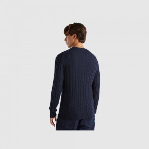 Suéteres Benetton Cable knit cashmere blend Hombre Azules Oscuro | IQRBWH406