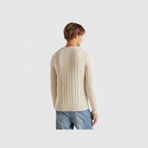 Suéteres Benetton Cable knit cashmere blend Hombre Blancos | KAMXPU931
