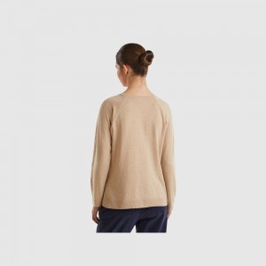 Suéteres Benetton Camel crew neck cashmere and wool blend Mujer Beige | EHMAJI027