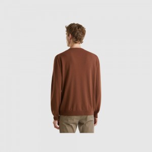 Suéteres Benetton Coffee crew neck pure Merino wool Hombre Marrom | LBWQKR583