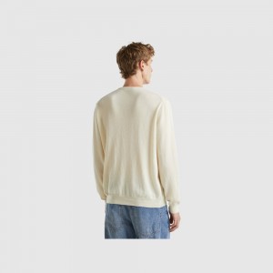 Suéteres Benetton Creamy crew neck pure Merino wool Hombre Blancos | KHGZBS076
