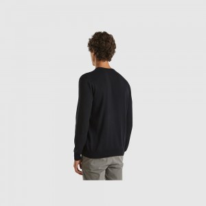 Suéteres Benetton Crew neck 100% cotton Hombre Negros | WCOMNA973