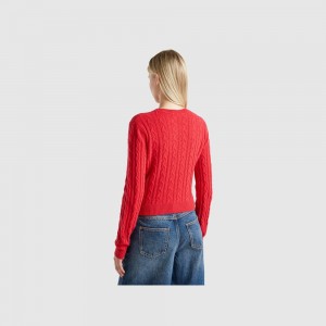 Suéteres Benetton Cropped cable knit and perforations Mujer Rojos | PHQLXG043