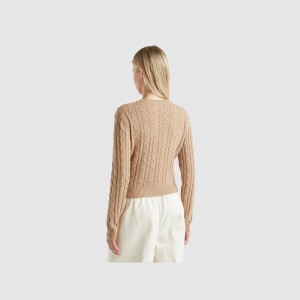 Suéteres Benetton Cropped cable knit and perforations Mujer Marrom | XSGREF037