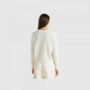 Suéteres Benetton cable knit and rhinestones Mujer Blancos | OTUHRP621