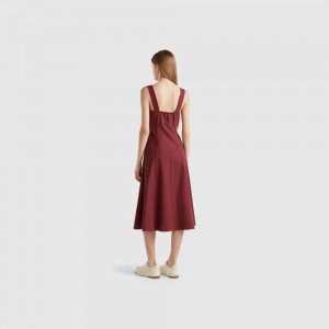 Vestido Benetton Square-neck linen blend Mujer Vino | TBZPXI368