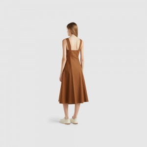 Vestido Benetton Square-neck linen blend Mujer Marrom | WBNECO643