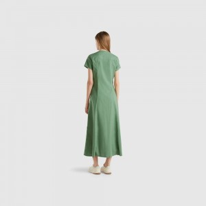 Vestido Benetton Stretch cotton and linen blend Mujer Verdes | IFALWJ570